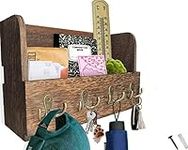 Comfify Wooden Wall Mount Mail Holder Organizer – Rustic Key Holder Organizer for Wall – Magazine Holder with 4 Double Key Hooks – Distressed Brown Rustic Wall Décor for Entryway