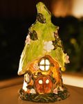 Outdoor Figurine Lights Garden House Statue -Solar Garden Decor Statues Resin Gmone Houses Sculptures Spring LED Green Decorations for Outdoor Patio Yard Farmhouse (fairy house)