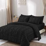 Black Tufted Comforter Set King with Sheets,7 Pieces Bed in a Bag Boho Comforter Shabby Chic Geometry Embroidery Bedding Set Soft Microfiber Farmhouse Comforter (King 90×103 inches)