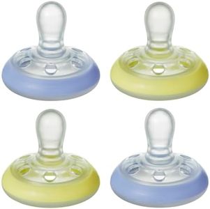 Tommee Tippee Breast-like night pacifier, 0-6 months with breast-like shape and glow in the dark technology, 4-Count, Blue/Yellow