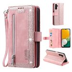 EYZUTAK Wallet Phone Case for Samsung Galaxy A15 4G/5G, Retro Matte 9 Card Holder Slots Zipper Pocket Case PU Leather Magnetic Closure Kickstand with Wrist Strap Folio Flip Case - Rose Gold