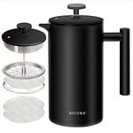 Secura French Press Coffee Maker, Double-Wall 304 Grade Stainless Steel Coffee Press with 2 Extra Screens, 34oz (1L), Black