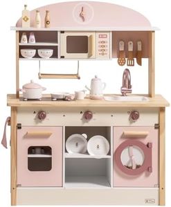 ROBUD Play Kitchen for Kids Toddlers, Wooden Play Kitchen with Realistic Accessories, Toy Kitchen Set with Plenty of Play Features, Modern Style Toy Kitchen for Girls & Boys, Gift for Ages 3+, Pink