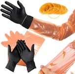 SUNXIZ Field Dressing Gloves Deer Gutting Hunting Cleaning Mittens Accessory Kit Disposable Arm Gloves Short Nitrile Gloves Combo with Rubber Bands (36, Black Orange)