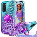 Unlicaku for Samsung Galaxy S20 FE Case, with Ring Women Girls Bling Holographic Sparkle Glitter Cute Case, Diamond Ring Protective Phone Case for Samsung S20 FE - Purple