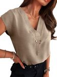 ANRABESS Women Tops Cap Sleeve Textured Dressy Casual V Neck Shirts 2025 Summer Business Work Blouses Outfits Khaki XX-Large