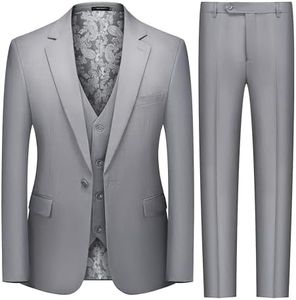 MAGE MALE Men's 3 Piece Slim Fit Suit Set,Notch Lapel One Button Solid Jacket Vest Pants with Tie,Wedding Dress Tux and Trousers Grey