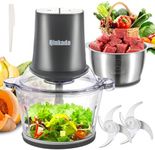 Qinkada Food Processors with 2 Bowls, 400W Meat Grinder, Food Chopper Electric, 2 Speed, 8Cup Glass and 8Cup 304 Stainless Steel, 2 Blades, Spatula (Grey)