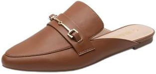 DREAM PAIRS Women's Flat Mules Buckle Pointed Toe Backless Slip on Slides Loafer Shoes,Size 5.5,Tan/pu,DML212