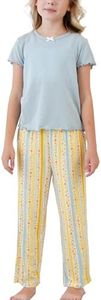 EASWEET Bamboo Viscose Girls Pajama Set, Short Sleeve Top & Long Pants Pjs for Kids, 2-Piece Breathable Summer Sleepwear, Flower Stripe, 8 Years