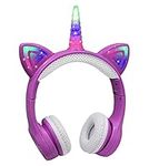 YUSONIC Unicorn Kids Wireless Headphones, Toddler Bluetooth Headphones for Girls Boys laptop Tablet,Led Light Up Kids Headphone for Birthday travel school Gifts. (dark purple)