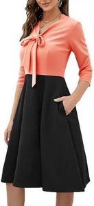 oxiuly Women's Vintage Bow Tie V-Neck Pockets Casual Work Party Cocktail Swing A-line Dresses OX278 (XL, Pink-bk 7f)