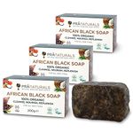 PraNaturals 100% Organic Raw African Black Soap 3x 200g, Ethically Sourced and Handcrafted in Ghana, For All Skin Types, Detoxifying and Anti-Ageing All Pure Natural Lotion, Vegan, Unprocessed