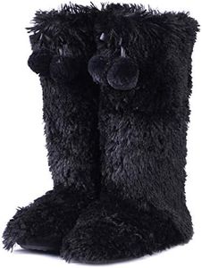Home Slipper Indoor Boots Slippers,Women's Faux Fur Fuzzy Soft Lining Knee High Tall Slippers with Pom Poms House Slipper Shoes,US 11/12,Black