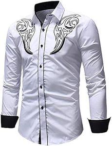 Cenlang Camisa de vestir de manga larga con bordado de vaquero occidental para hombre, ajuste delgado, casual, con botones, estilo Oxford, blanco, XXL