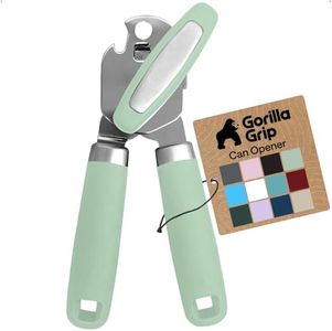 GORILLA GRIP Heavy Duty Stainless Steel Smooth Edge Manual Can Opener and Bottle Openers, Soft Comfortable Handle, Oversized Handheld Turn Knob, US Designed Multifunctional Kitchen Tool, Mint