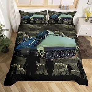 Green Camo Duvet Cover Queen for Boys Girls Kids Tank Print Bedding Set Army Soldier Silhouette Comforter Cover Child Camouflage Pattern Decor Bedspread Quilt Cover for Kids Dorm Room,Soft,Zipper