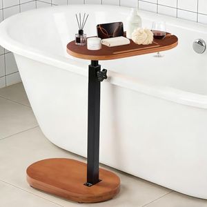 VELOHEIM Bamboo Bathtub Side Table, Height Adjustable Bath Caddy Tray