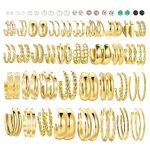 46 Pairs Gold Hoop Earrings Set for Women, Fashion Hypoallergenic Chunky Twisted Pearl Stud Earrings Multipack, Small Big Hoops Earring Packs Trendy for Christmas Birthday Party Jewelry Gift, Brass,