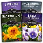 Survival Garden Seeds Edible Flowers Collection Seed Vault - Lavender, Roman Chamomile, Nasturtium, Pansy Seed Packs for Your Homestead - Non-GMO Heirloom Seeds for Planting and Growing