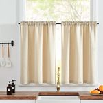 TOPICK Faux Linen Kitchen Curtains 24 Inch Length Room Darkening Rustic Textured Curtains Privacy Cafe Curtains Small Window Curtains Set for Cupboard Bathroom Rod Pocket 2 Panels Beige