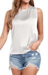 Wantschun Women's Silk Satin Tank Top Crew Neck Sleeveless Blouse Loose Fit Basic Summer Casual Shirt - White ; Medium