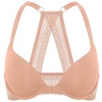 DOBREVA Women's Push Up Bra Racerback Front Closure Bras Plunge Underwire Tshirt Padded Lace Grapefruit Orange 32A