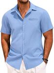 COOFANDY Mens Blue Linen Shirt Casual Short Sleeve Button Down Shirts Summer Tropical Shirts for Men