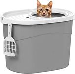 IRIS USA Cat Litter Box, Large Top Entry with Litter Catching Lid and Scoop, Dog Proof, Oval Enclosed Cat Litter Box, Gray/White