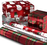 Hallmark Foil Christmas Wrapping Paper with Cut Lines on Reverse (3 Rolls: 60 sq. ft. TTL) Plaid Snowflakes, Snowmen, Tartan Plaid