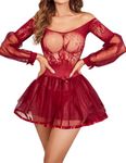 Avidlove Lingerie for Women Lace Babydoll Lingerie Dress Sexy Long Sleeve Negligee Sleepwear Chemise Nightdress Wine red S