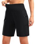 G Gradual Women's High Waisted 9" Bermuda Shorts with Zipper Pockets Athletic Workout Long Shorts for Women Knee Length, Black, Large