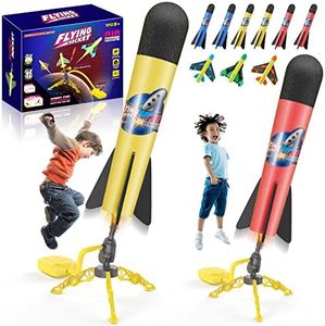 Spaceexplorer Lanzador de Cohetes de Juguete para Niños Juguete de Cohete de Salto con 2 Lanzadores 3 Aviones y 6 Cohetes de Espuma Juguetes para Pisar al Aire Libre para Niños de 3 4 5 6 7 8 9 10 Año