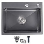 MENATT 20 Inch Top-Mount/Drop in Kitchen Sink, SUS304 Stainless Steel Handmade Kitchen Single Bowl with Sink Strainer (Black), 20"x16"x9"