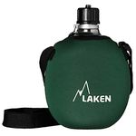 LAKEN Clasica 1 Litre Water Canteen, Aluminum Camping Bottle with Neoprene Pouch and Strap, Narrow Mouth, Leak Proof, BPA Free, Green