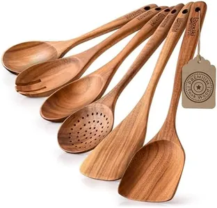 Luxury Teak Wood Utensil Set - Elegant 6-Piece Cooking Ensemble Including Spoons, Server, Scraper & Spatula - Expertly Crafted for Culinary Excellence