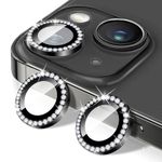 Diamond Camera Lens Protector for iPhone 15, NUTRISMART Bling Tempered Glass Camera Cover, Individual Automatic Alignment Metal Rings, Glitter Camera Lens Cover Film Stickers