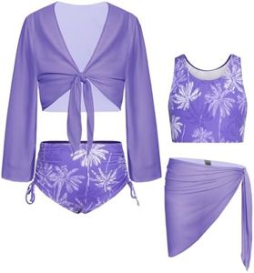 Purple Bathing Suit Girls Long Sleeve 4 Piece Takini Swimsuit for Kids Girls Size 6