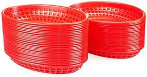 Lawei 50 Pack Oval Food Basket Reusable Plastic Fast Food Diner Basket for Chip Fries Burgers Sandwiches Picnics BBQ Party, Red