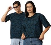 RodZen Couple Men's & Women's Pure Cotton Oversized Abstract Printed T-Shirts (Pack of 2) (Men-2XL, Women-XL; Peacock)