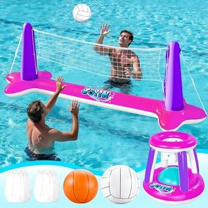 JOYIN Inflatable Pool Float Set Volleyball Net & Basketball Hoops, Floating Swimming Game Toy Floaties for Kids and Adults Volleyball Court (105”x28”x35”)|Basketball (27”x23”x27”),L-Pink Purple