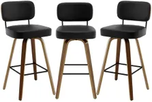 Bekrvio Swivel Bar Stools Set of 3, 29" Upholstered Faux Leather Barstools with Back and Bent Wood Legs, Mid Century Modern Bar Chair Island Stool for Kitchen Counter, Black