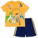 Disney Pixar Toy Story Woody Buzz Lightyear Bo Peep Rex Athletic T-Shirt Mesh Shorts Outfit Set Infant to Big Kid, Yellow/Blue, 4T