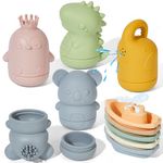 Silicone Bath Toys with Bath Boats for Kids Ages 1-3, 9 PCS Mold Free Animal Bath Toy for Infants 6-12 Months, Eco-Friendly Non Toxic Water Table Toys Toddler Birthday Gift for Preschool Boys/Girls