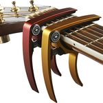 Guitar Capo (2 Pack) for Acoustic Guitars, Ukulele, Banjo, Mandolin, Bass - Made of Ultra Lightweight Aluminum Metal (1.2 oz!) for 6 & 12 String Instruments - Nordic Essentials, (Red + Gold)