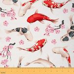 Japanese Koi Upholstery Fabric by The Yard, Exotic Cherry Blossom Decorative Fabric for Upholstery and Home DIY Projects, Ethnic Traditional Sakura Waterproof Outdoor Fabric, 3 Yards, Pink Cream