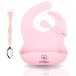 ZoZoBaa Stainless Steel Fruit Scraper Spoon with Silicone Bib for Toddler | Double Head 2 in 1 Silicone Baby Soft Tip Multi-use Fruit Scraping Spoon & Adjustable Feeding Bib Set, 1 Set,Pink