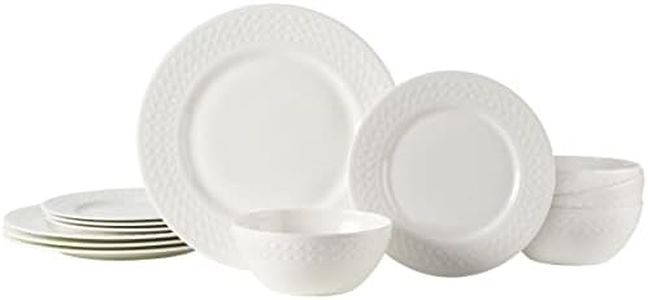 Mikasa Patterson Vegan Bone China Chip Resistant 12 Piece Dinnerware Set, White, Ashlyn, Service for 4