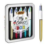 BIC 4 Colours Pens In A Special Metal Tin of 5 Pens, Includes mix of Shine and Bright Barrel Coloured Ink ,Black, red, blue, green