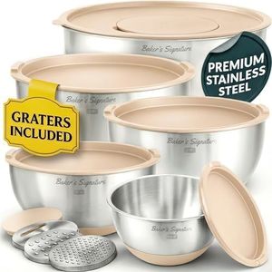 Stainless Steel Mixing Bowls with Lids Set, 5 Sizes, 3 Graters, Non-Slip Base, Airtight Lids, Metal Mixing Bowls for Kitchen, Food Prep, Storage, 0.63QT-5QT, Khaki